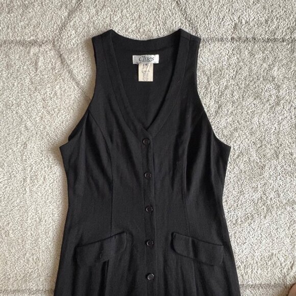 Vintage 90s Merino Wool Button-Front Maxi Dress Black Sleeveless Layering Staple - Picture 2 of 7